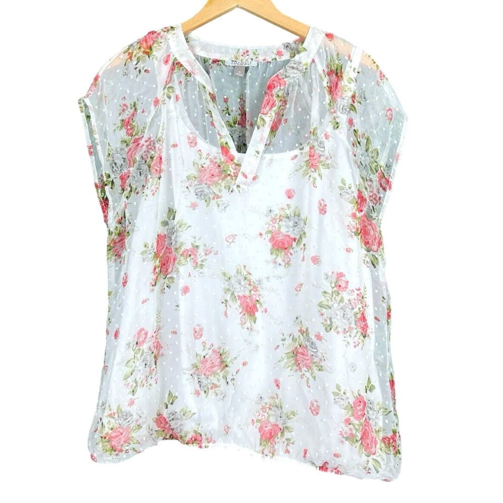 Roz and Ali Floral Blouse Size 1X White Swiss Dot Sheer w/ tank top attached